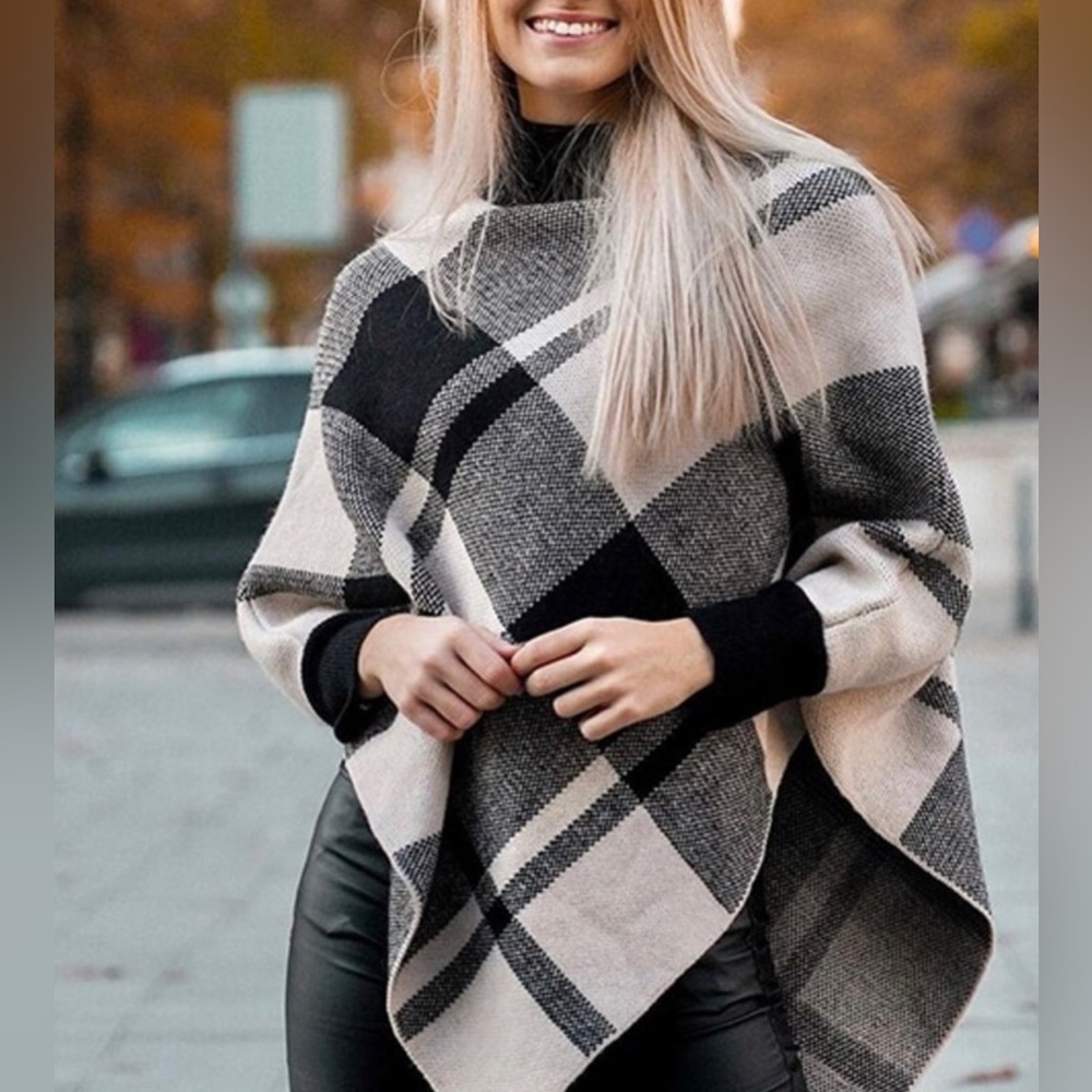 Classic Black Tan Turtleneck Plaid Poncho Knit Sweater - Picture 6 of 8